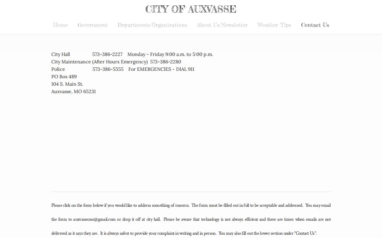 Callaway County Auxvasse City Hall arrest-record contact route