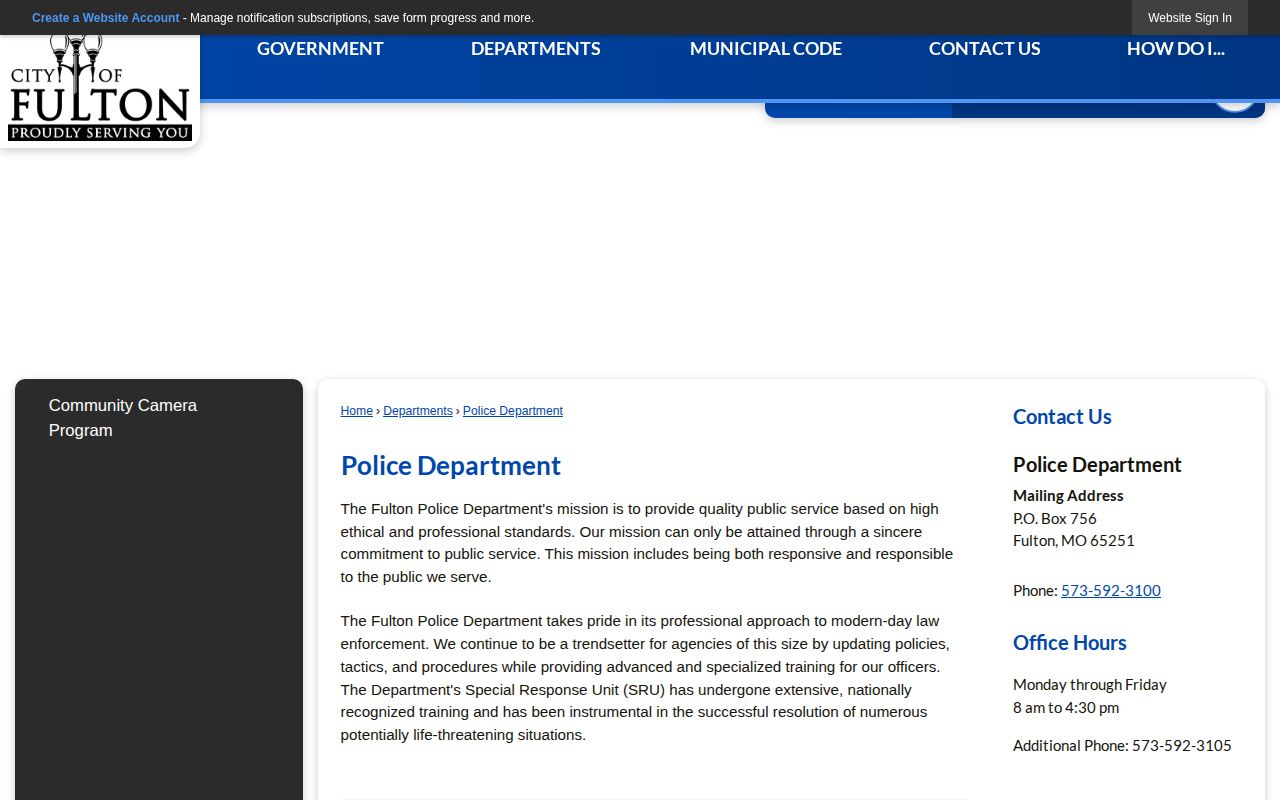 Callaway County Fulton Police Department arrest-record contact page