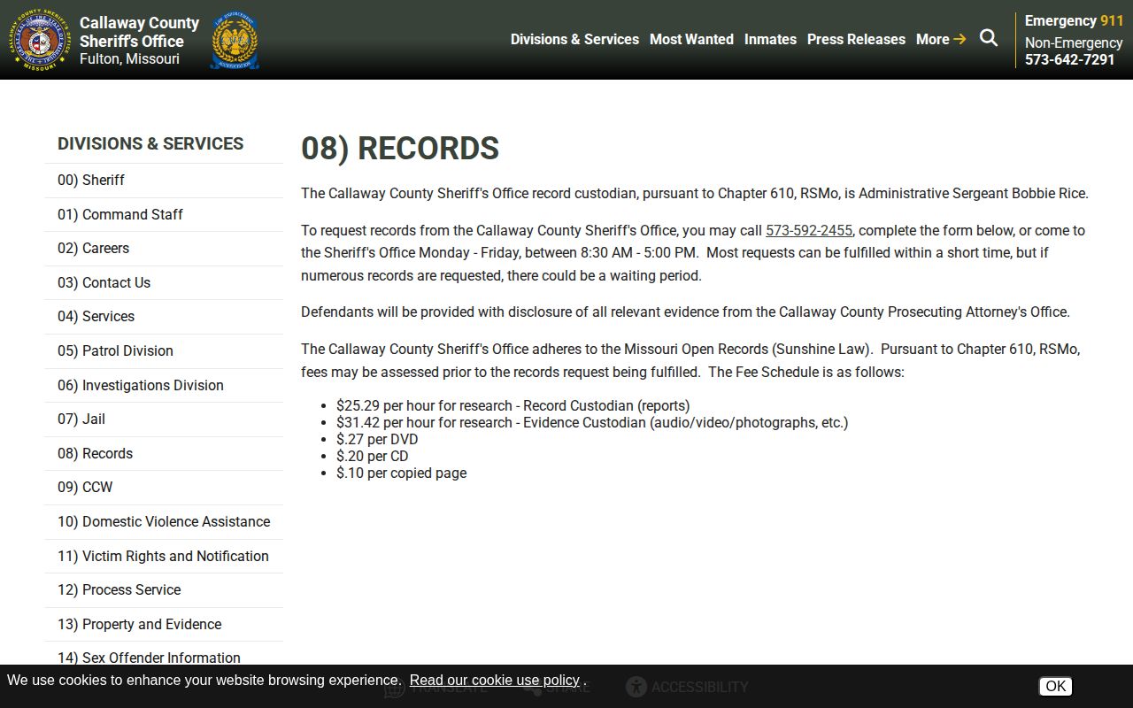 Callaway County booking records request page from the Sheriff’s Office