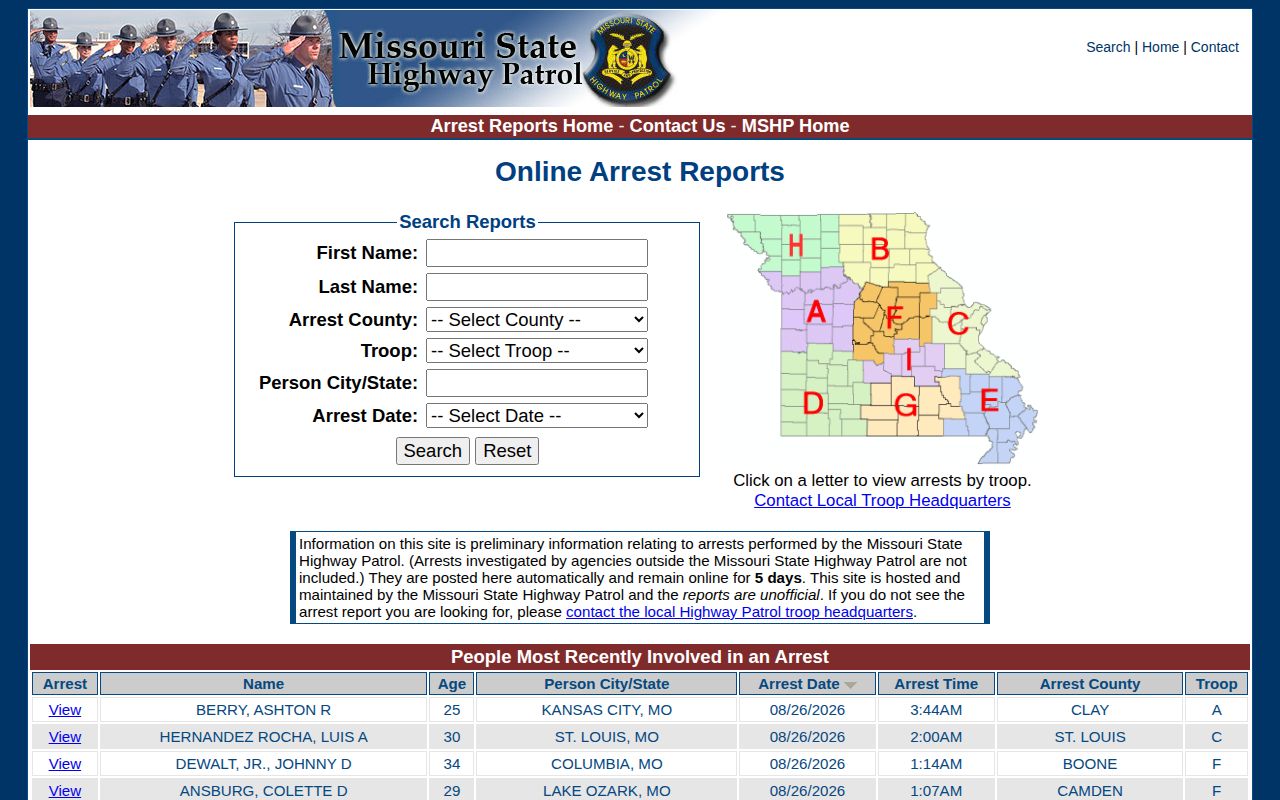 Missouri State Highway Patrol arrest reports search for Callaway County records