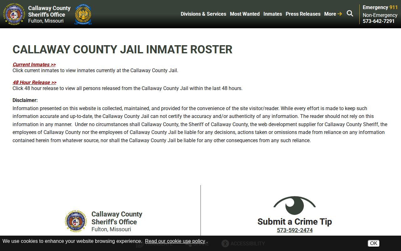 Callaway County Jail official inmate roster chooser