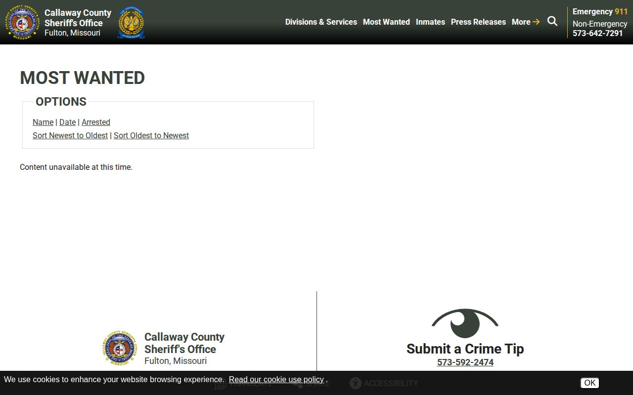 Callaway County Most Wanted official index interface