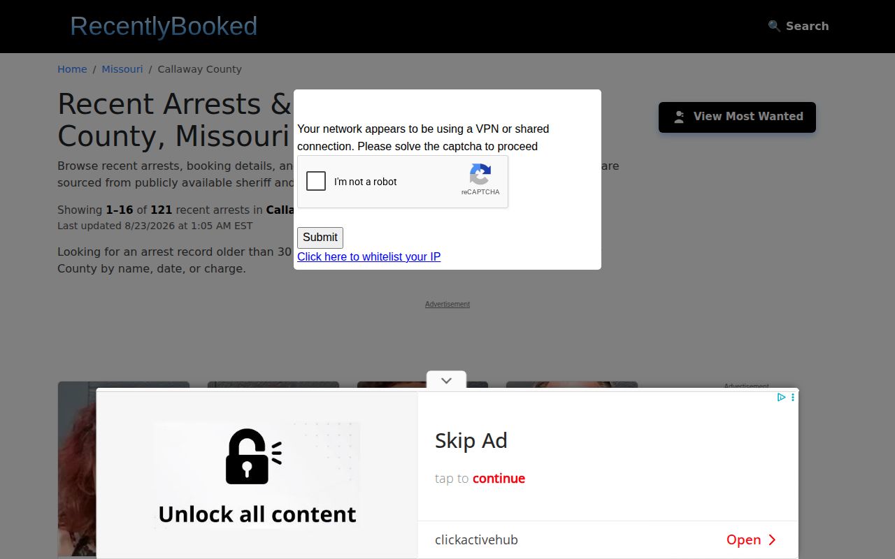 Callaway County RecentlyBooked third-party records page